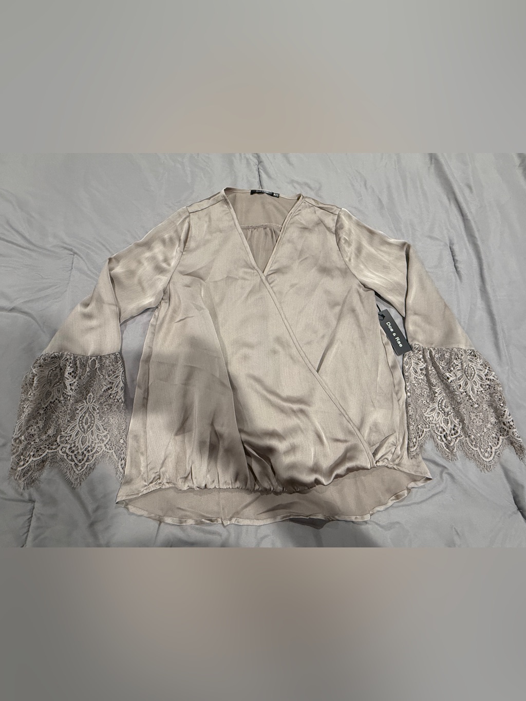Doe & Rae Taupe Satin Wrap Blouse With Lace Bell Sleeves